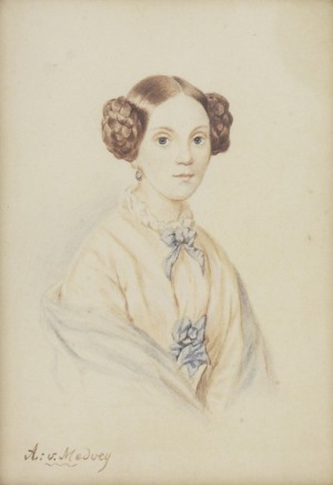 August von MEDVEY (XIX/XX w.), Portret kobiety z niebieską kokardą