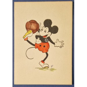 Mickey Mouse in a Legia Warsaw jersey with a soccer ball. Hand-colored, JP.