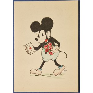 Myszka Mickey z listem miłosnym. Recznie kolorowana, JP.