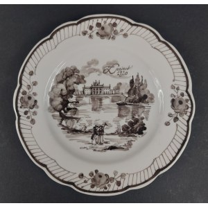 Dekoratívny tanier, ručne maľovaný. „Kúpeľne 1820“. Autorka: Zofia. Rok 1978.