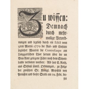 [Gdańsk]. The Mayor and City Council of Gdańsk. [Establishment of a customs duty on the transport of goods by barge on the Vistula River]. [Gdańsk 1785].