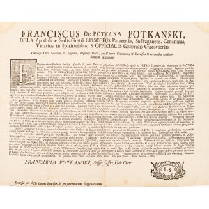 Franciszek Potkański. [Pastoral Letter to the Clergy of the Diocese of Kraków]. No place, 1769.