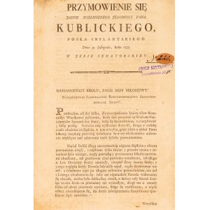 [The Four-Year Sejm]. Stanisław Kublicki. Address [...] on November 29, 1788, in the Senate Chamber. Warsaw, 1788.