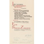 [Włodzimierz Pietrzak Literary Award] - Certificate. Dated Warsaw, October 29, 1961. Manuscript with six autographs (including those of Jan Dobraczyński and Aleksander Bocheński). 4 pages, measuring 41.5 x 25.5 cm, unbound [and:] Four photographs from the