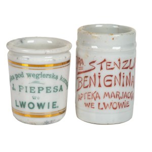 [Lviv - pharmacies] - Two containers from the pharmacies of S. Stenzl and J. Pipes. Interwar period.