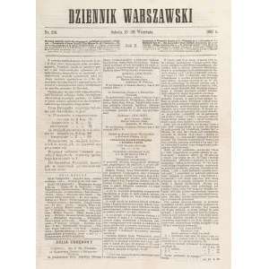 Dziennik Warszawski. 1865. Numery: 164 (13/25 lipca), 176 (29 lipca/10 sierpnia), 185 (10/22 sierpnia), 196 (22 sierpnia/3 września), 216 (18/30 września), 222 (25 września/7 października); łącznie sześć zeszytów.