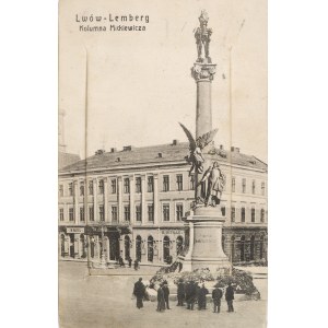 [Lviv—a small leporello-style album]. Ten views of the city (leporello, 5.5 x 8 cm when folded), mounted on a postcard featuring a view of the Mickiewicz Column.