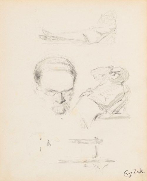 Eugeniusz ZAK (1887-1926), Szkice głowy mężczyzny, leżącej postaci męskiej, mebla, psa, 1904