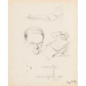 Eugeniusz ZAK (1887–1926), Náčrty mužskej hlavy, ležiacej mužskej postavy, nábytku a psa, 1904