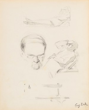 Eugeniusz ZAK (1887-1926), Szkice głowy mężczyzny, leżącej postaci męskiej, mebla, psa, 1904