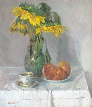 Olgierd BIERWIACZONEK (1925-2002), Martwa natura z kwiatami i owocami na stole