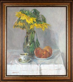 Olgierd BIERWIACZONEK (1925-2002), Martwa natura z kwiatami i owocami na stole