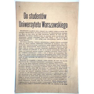 Aux étudiants de l'Université de Varsovie, Autour des événements à l'Université de Varsovie, Varsovie, mars 1968, brochure de propagande consacrée aux manifestations des 8 et 9 mars suite à l'exclusion d'Adam Michnik et d'Henryk Szlaifer