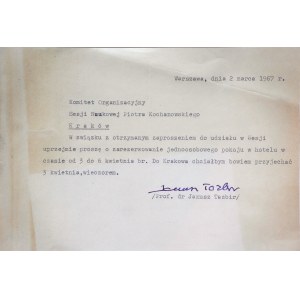 TAZBIR, Janusz, Professor; Print for the Organizing Committee of the Piotr Kochanowski Scientific Session; handwritten signature of Prof. Janusz Tazbir, Ph.D., Warsaw, March 2, 1967.