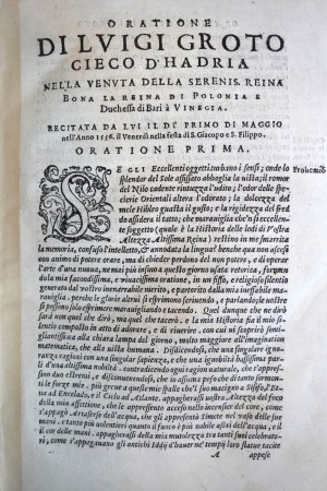 Le Orationi volgari di Luigi Groto Cieco di Hadria., Venetia M.D.LXXXVI, Wenecja 1586 r., [Polonica: Mowa na powitanie królowej Bony w Wenecji, 1 maja 1556 r. Mowa na powitanie króla Polski po ucieczce do Francji Henryka Walezego w Wenecji, 25 lipca 1574
