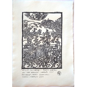 Woodcut, The Battle of Orsha, Andrzej Krzycki, *Ad Sigismundum Poloniae*, Kraków, 1515, woodcut on handmade paper; the replica carved from linden wood was made by Tadeusz Grajpel; hand-signed