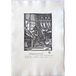 Woodcut, Woodcutter at Work, Jost Amman, *The Book of Estates*, Nuremberg, 1568, woodcut on handmade paper; replica carved from linden wood by Tadeusz Grajpel, hand-signed