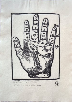 Drzeworyt, Instrukcja badania tętna, doktor Józef Struś, Sphigmicae artis- nauka o pulsie, 1555, wyd 3. Bazylea 1602 r., drzeworyt na papierze czerpanym, replikę w klocku lipowym wykonał Tadeusz Grajpel, odręcznie sygnowany