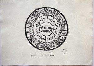 Drzeworyt, Zodiak, Michael Vratislaviensis, Introductorium astronomiae Cracoviense, Jan Haller, Kraków 1506 r., drzeworyt na papierze czerpanym, replikę w klocku lipowym wykonał Tadeusz Grajpel, odręcznie sygnowany