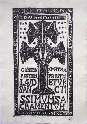 Drzeworyt, Karawaka - krzyż chroniący przed zarazą, tzw. charakter z modklitwami św. Benedykta. XVIII w., drzeworyt na papierze czerpanym, replikę w klocku lipowym wykonał Tadeusz Grajpel, odręcznie sygnowany