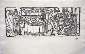 Drzeworyt, Kalendarz medyczny, Jan Haller, Kraków 1508 r., drzeworyt na papierze czerpanym, replikę w klocku lipowym wykonał Tadeusz Grajpel, odręcznie sygnowany