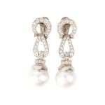 BULGARI, Pearl diamond gold drop pair of earrings