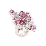 Pink tourmalines floral motif and diamond ribbon gold ring
