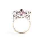 Pink tourmalines floral motif and diamond ribbon gold ring