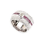 Gold band ring with diamonds and rubies