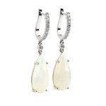 A pair of gold drop earrings with opals and diamonds