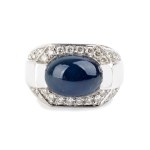 Blue sapphire diamond gold band ring