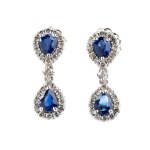 Blue sapphire diamond gold pair of drop earrings