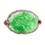 Green jade diamond ruby gold brooch