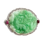 Green jade diamond ruby gold brooch
