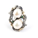Pearl diamond silver and gold ring