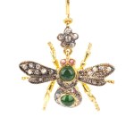 A pair of insect-shaped earrings in silver, set with emeralds and diamonds