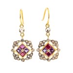 Ruby amethyst diamond gilded silver drop pair of earrings