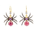 Diamond ruby amethyst pair of drop silver earrings