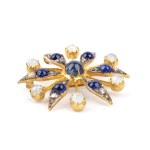 Blue sapphire diamond moonstone stylised flower motif silver and gold brooch