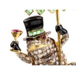 Brooch in gilded silver, gold, enamel, rubies, emeralds and diamonds