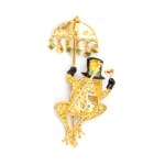 Brooch in gilded silver, gold, enamel, rubies, emeralds and diamonds