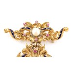 Ruby pearl enamel gold drop brooch