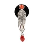 Onyx Mediterranean coral diamond Déco style gold brooch 1950s