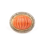 Coral diamond gold brooch