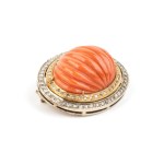 Coral diamond gold brooch