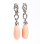 Pair of gold drop earrings with pink coral