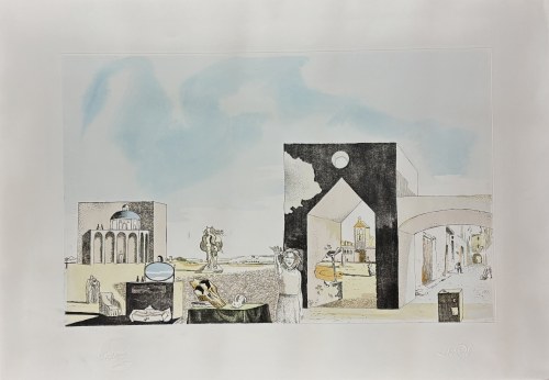 Salvador DALI (1904-1989), „Przedmieście miasta krytycznego dla paranoików” (fr. Banlieue de la ville paranoïaque-critique) 1974