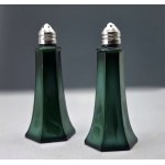 Two Art Deco-style malachite glass spice jars from the Curt Schlevogt glassworks in the former Czechoslovakia
