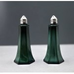 Two Art Deco-style malachite glass spice jars from the Curt Schlevogt glassworks in the former Czechoslovakia