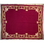 Art Nouveau tablecloth/bedspread with a geometric border in burgundy, gold, and green—first half of the 20th century